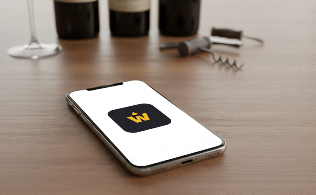 A close-up of a smartphone displaying the WineDrops app logo, representing a modern uk wine subscription service within the UK wine market that offers trade-price deals and a virtual cellar.