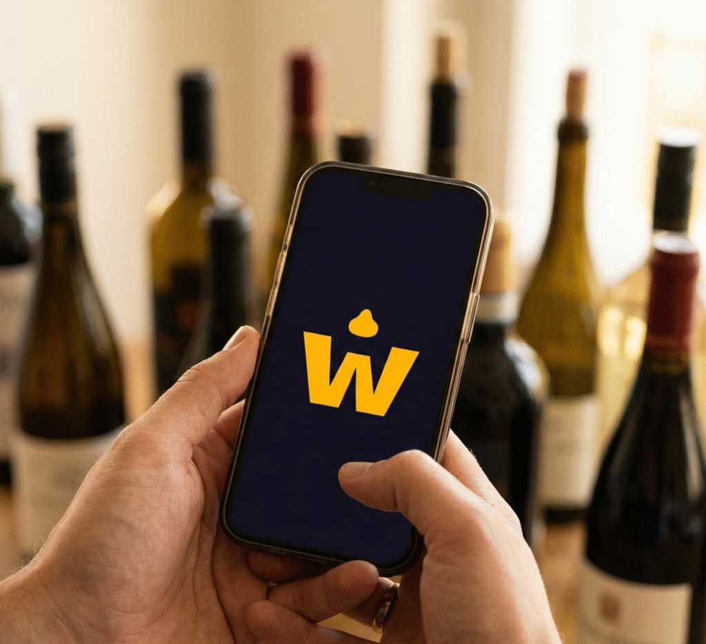 .A hand holding a smartphone showing the Winedrop app logo, used for reading winedrop reviews, checking expert wine reviews, and scoring the best deals on wine