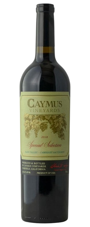 A bottle of Caymus wine Special Selection 2018, representing the pinnacle of Napa Cabernets and luxury Napa wines, displayed in a professional cellar setting.