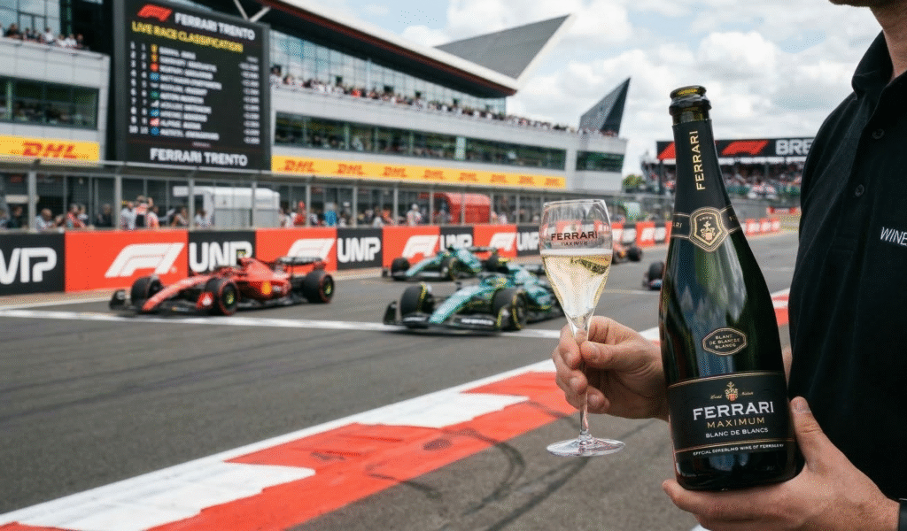 A bottle of Ferrari Maximum Brut Blanc de Blancs N.V. on a Formula 1 track in 2026, showcasing the best deals on Ferrari wines for racing fans.