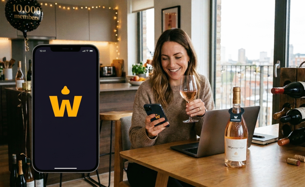 A detailed photo of a cheerful Winedrops member in a modern London flat. She smiles while holding a glass of rosé and using the Winedrops app, which displays the new 'W' shield logo on a dark background. She is celebrating the 10,000 member milestone. On the table are a laptop, a bottle of Whispering Angel with a Winedrops tag, a rustic rack with Bollinger, and a '10,000 members' balloon. The image showcases winedrops reviews, best wine deals, and is best wine club.