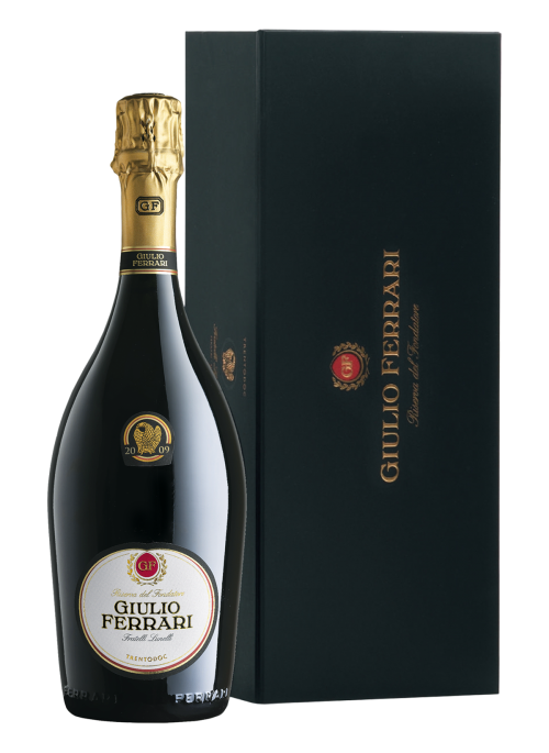 The iconic Ferrari Giulio Ferrari Riserva del Fondatore 1989 bottle, offered as part of the best deals on Ferrari wines at Winedrops.