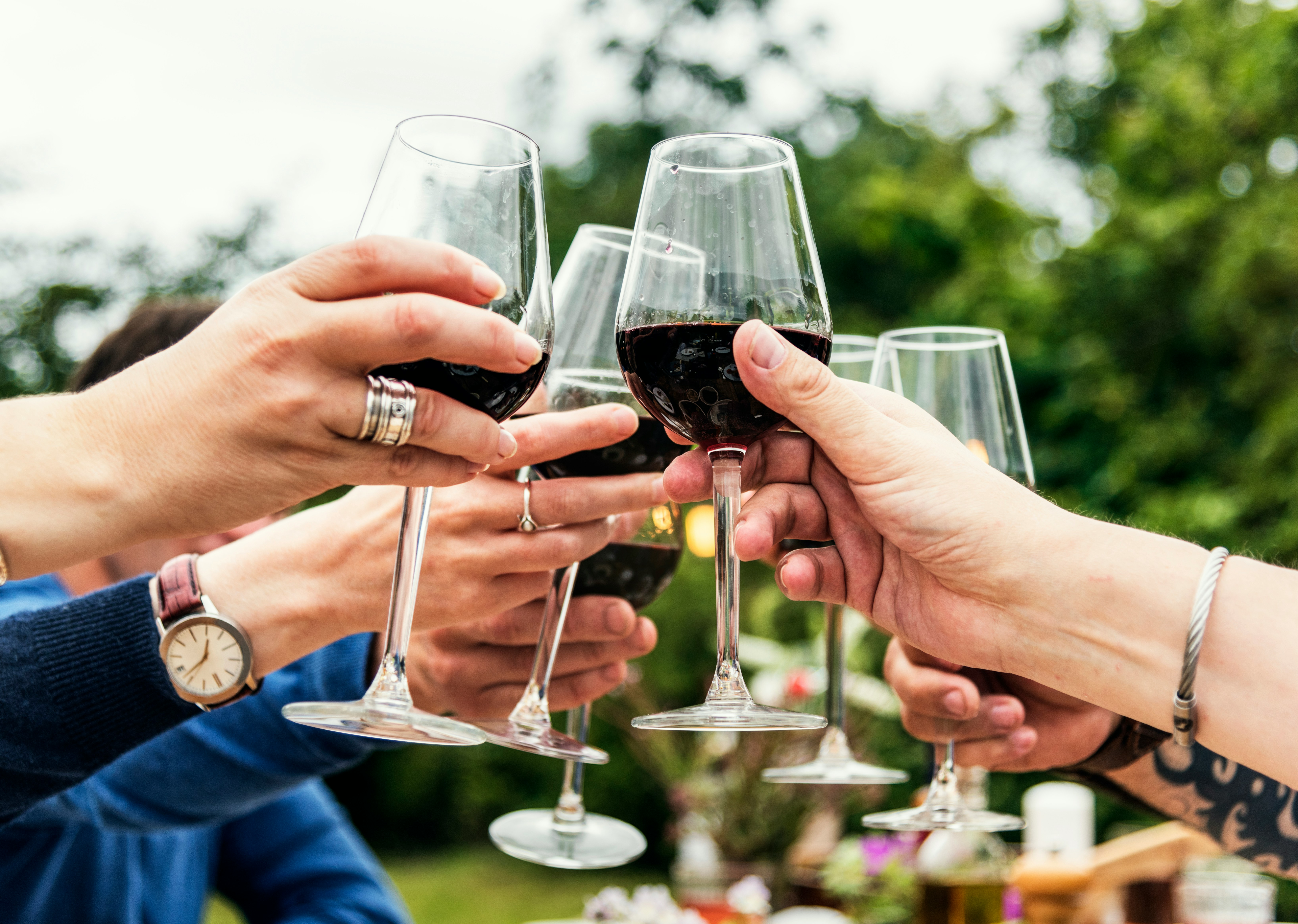 Friends clinking glasses of red wine outdoors — choosing lighter reds helps you enjoy wine without a red wine headache the next day